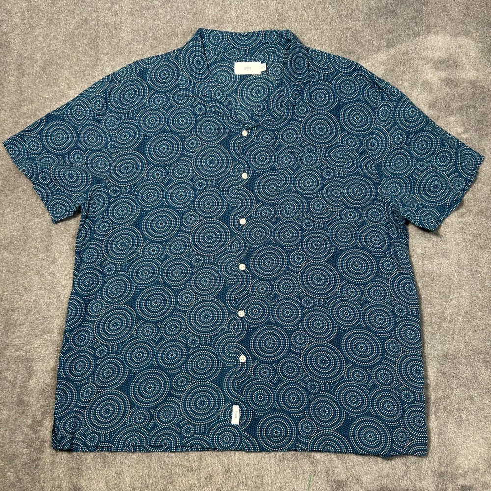 Onia Button Up Short Sleeve Shirt Mens XL Blue Circle Print Camp Collar